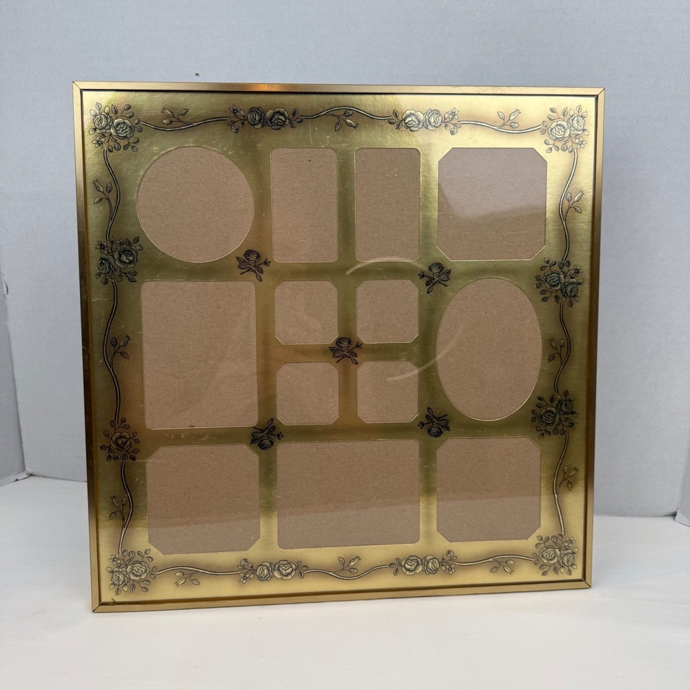 Vintage Gold Tone Floral Etched 13 Opening Collage Picture Frame 13.5x13.5